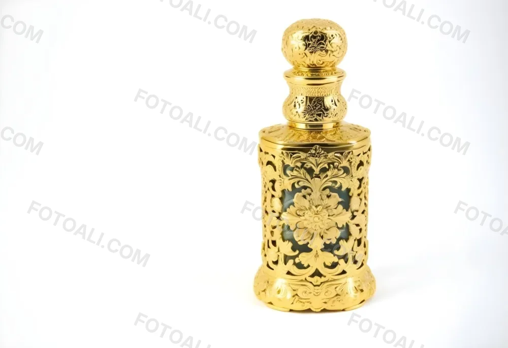 A Golden Ornate Perfume Bottle With An Intricate Floral Pattern 79 15c5