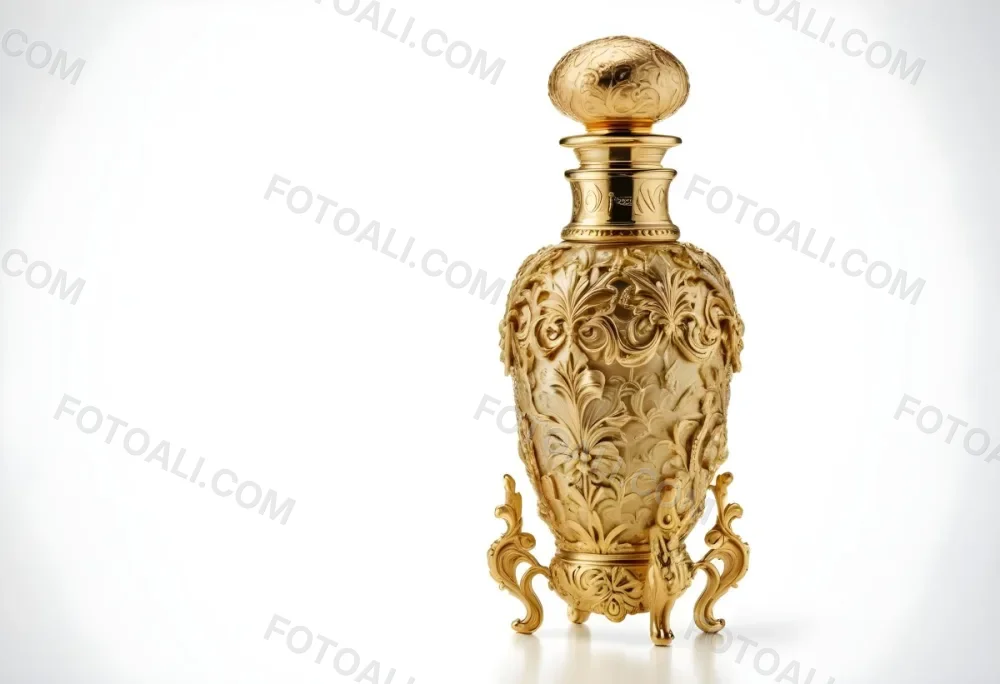 A Golden Ornate Perfume Bottle With An Intricate Floral Pattern 8 0e2c