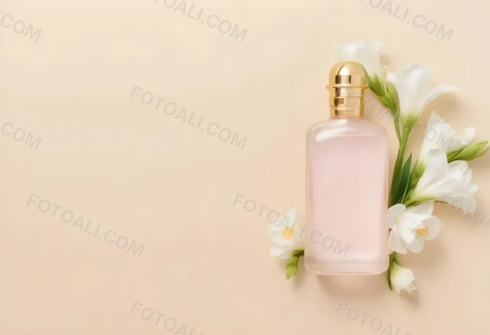 A Golden Perfume Bottle With A Pink Cap Surrounded By White Freesia Flowers All On A White Background 11 72d9