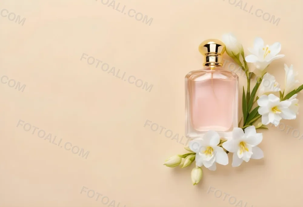 A Golden Perfume Bottle With A Pink Cap Surrounded By White Freesia Flowers All On A White Background 15 181e
