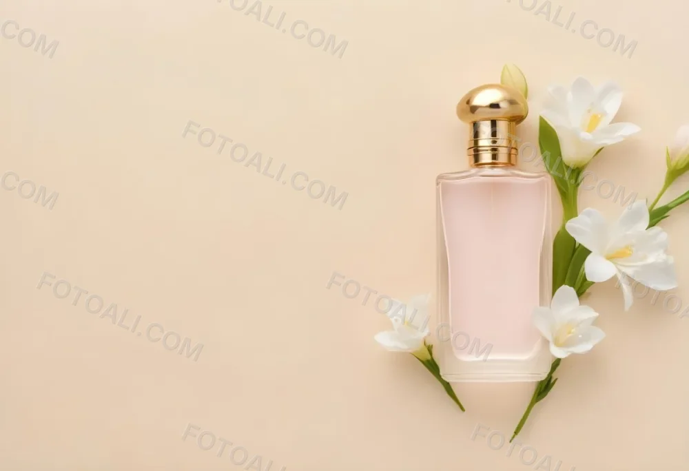 A Golden Perfume Bottle With A Pink Cap Surrounded By White Freesia Flowers All On A White Background 17 E64b