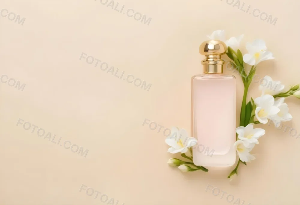 A Golden Perfume Bottle With A Pink Cap Surrounded By White Freesia Flowers All On A White Background 3 76a1