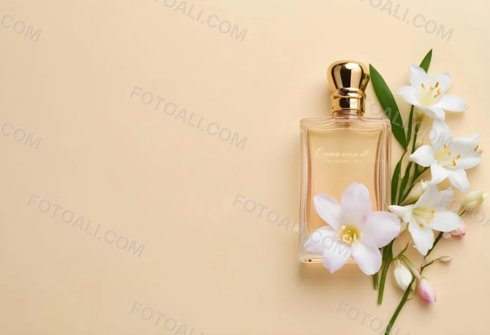 A Golden Perfume Bottle With A Pink Cap Surrounded By White Freesia Flowers All On A White Background 33 Bc5c