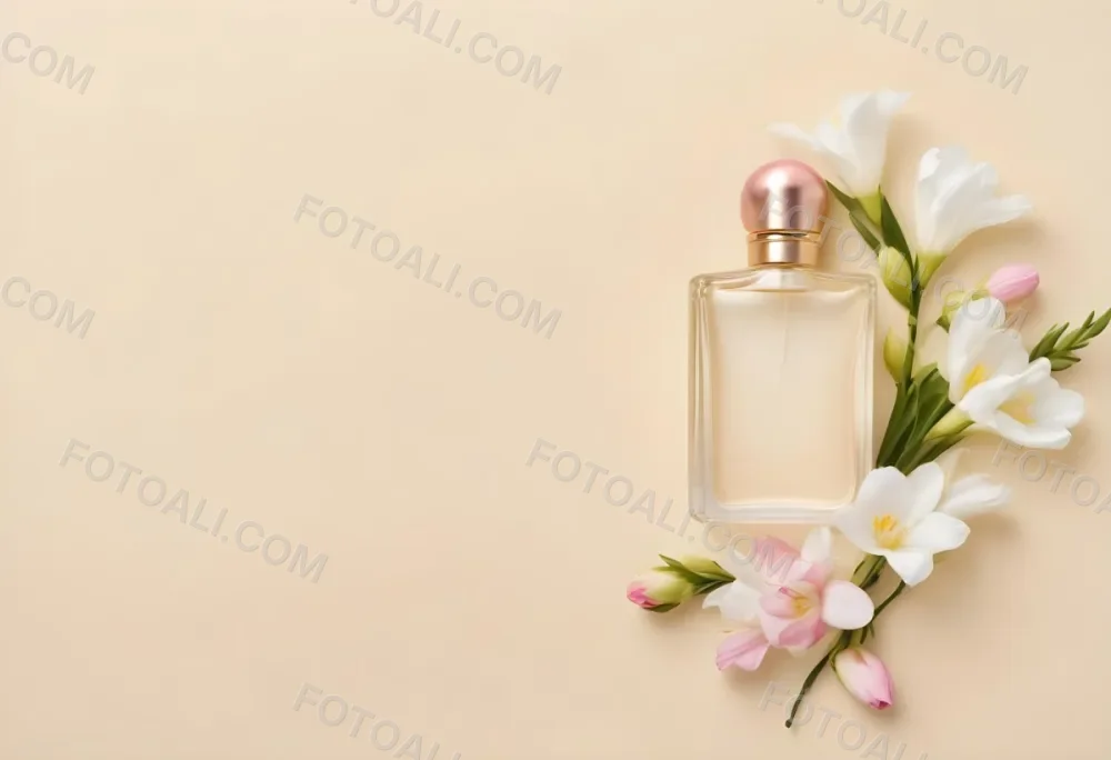 A Golden Perfume Bottle With A Pink Cap Surrounded By White Freesia Flowers All On A White Background 41 A1bf
