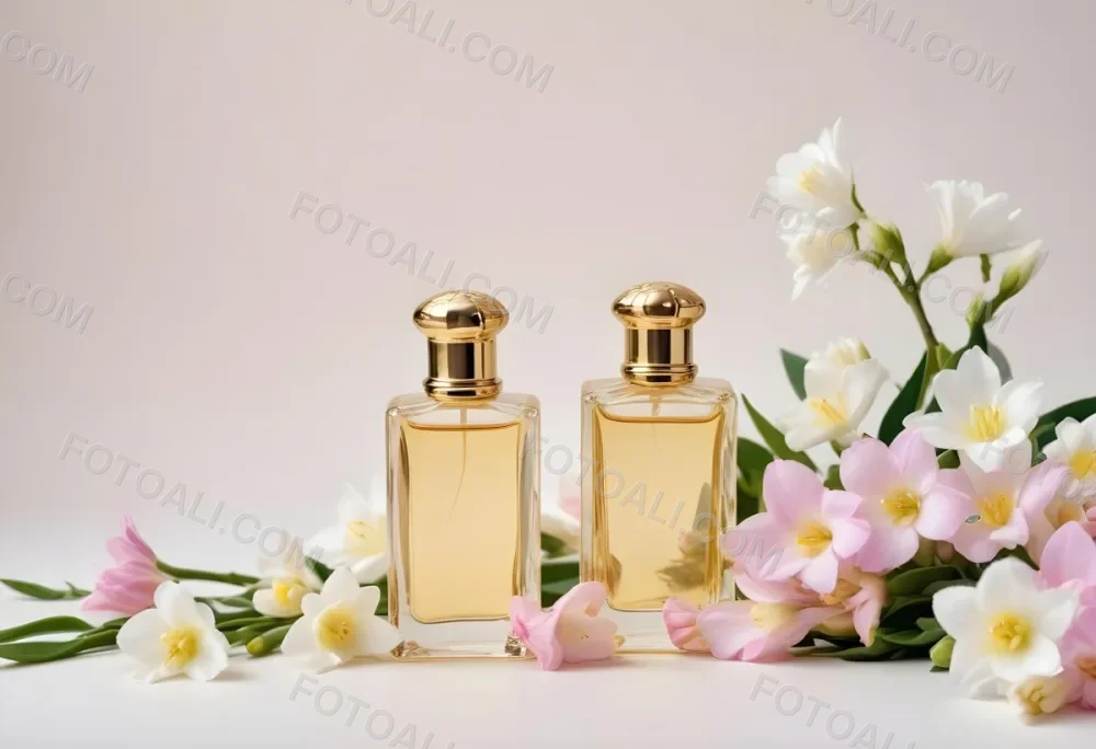 A Golden Perfume Bottle With A Pink Cap Surrounded By White Freesia Flowers All On A White Background 42 3c65