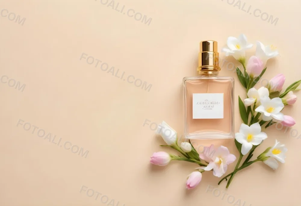 A Golden Perfume Bottle With A Pink Cap Surrounded By White Freesia Flowers All On A White Background 43 77b1
