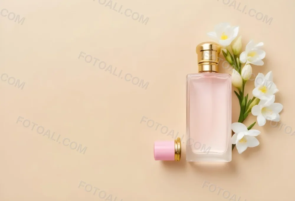 A Golden Perfume Bottle With A Pink Cap Surrounded By White Freesia Flowers All On A White Background 45 Bde1