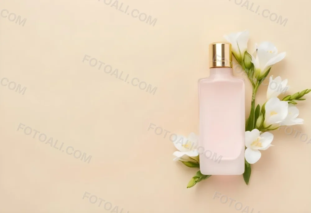 A Golden Perfume Bottle With A Pink Cap Surrounded By White Freesia Flowers All On A White Background 48 D0a3