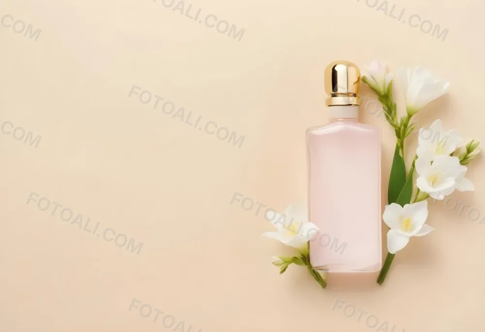 A Golden Perfume Bottle With A Pink Cap Surrounded By White Freesia Flowers All On A White Background 5 8fa2
