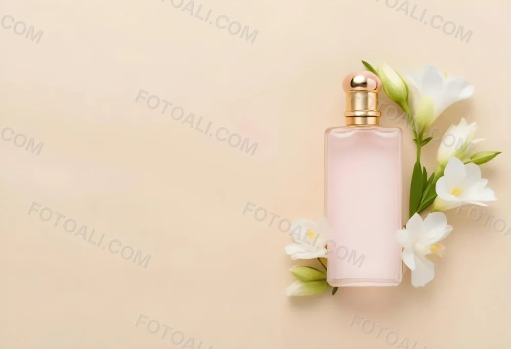 A Golden Perfume Bottle With A Pink Cap Surrounded By White Freesia Flowers All On A White Background 7 8993