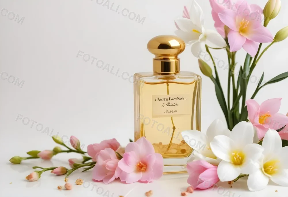 A Golden Perfume Bottle With A Pink Cap Surrounded By White Freesia Flowers All On A White Background 8 9653