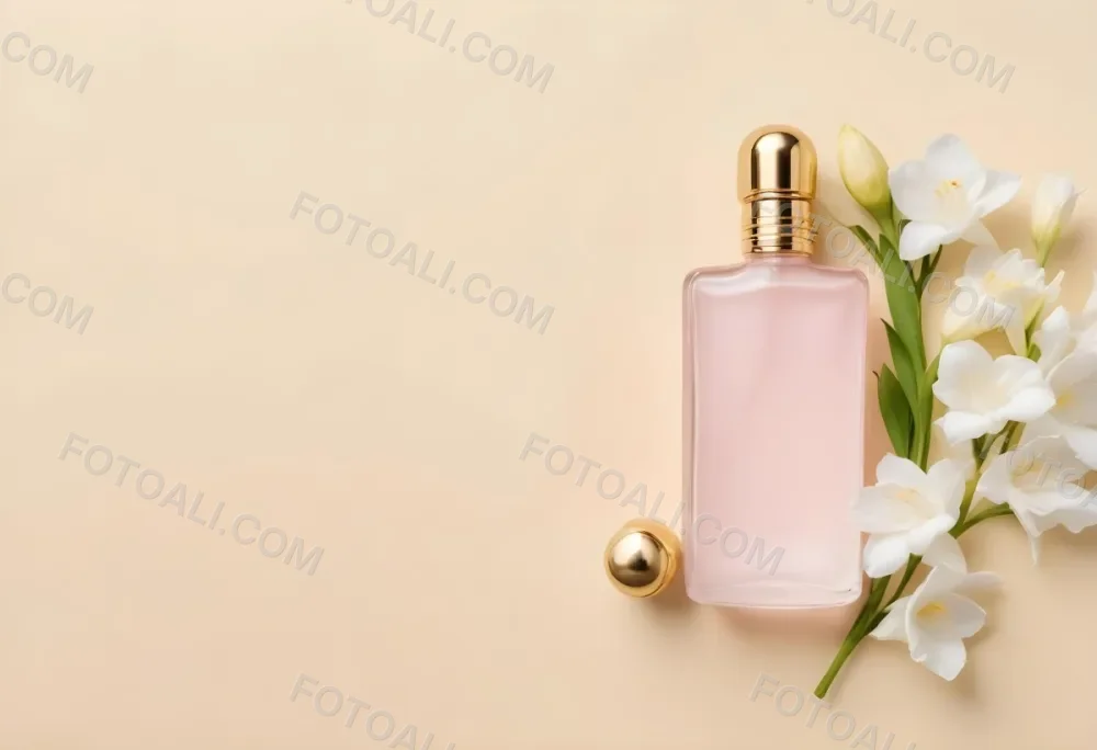 A Golden Perfume Bottle With A Pink Cap Surrounded By White Freesia Flowers All On A White Background 9 A2f2