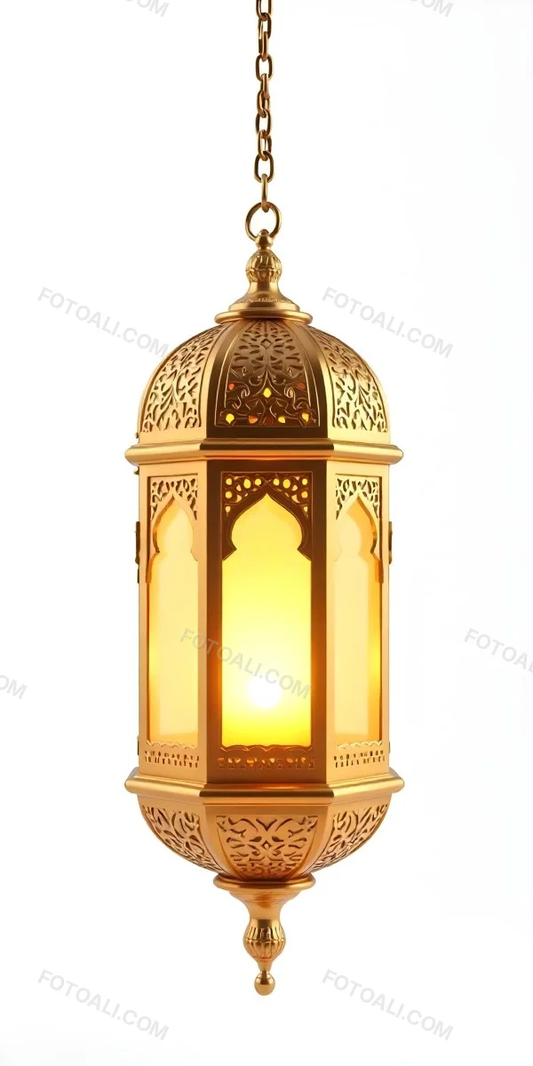 A Golden Ramadan Lantern Hanging From A Chain Ornate Design Warm Glow Emanating From Within Isolated On A White Background Festive Decoration 12 5e9b