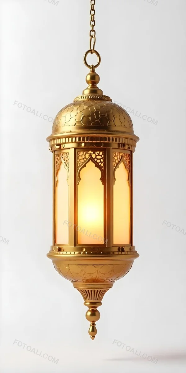 A Golden Ramadan Lantern Hanging From A Chain Ornate Design Warm Glow Emanating From Within Isolated On A White Background Festive Decoration 18 5c48