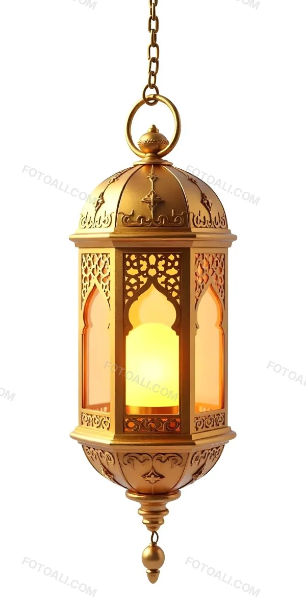 A Golden Ramadan Lantern Hanging From A Chain Ornate Design Warm Glow Emanating From Within Isolated On A White Background Festive Decoration 23 0b38