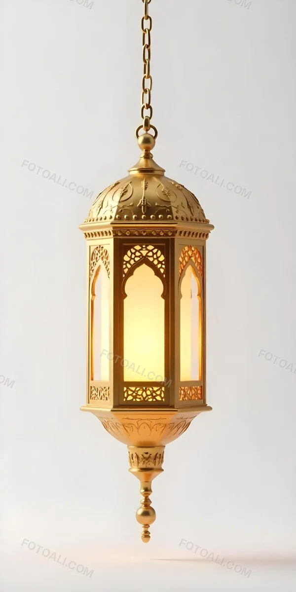A Golden Ramadan Lantern Hanging From A Chain Ornate Design Warm Glow Emanating From Within Isolated On A White Background Festive Decoration 4 Fe7d