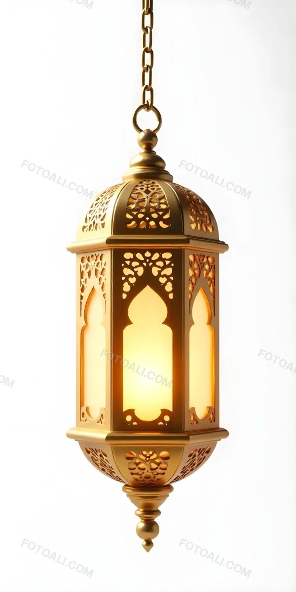 A Golden Ramadan Lantern Hanging From A Chain Ornate Design Warm Glow Emanating From Within Isolated On A White Background Festive Decoration 8 E116