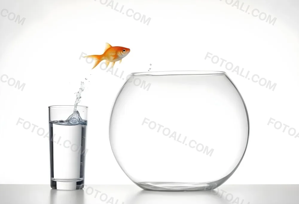 A Goldfish Jumping From A Glass Of Water To A Fishbowl The Glass Is Full Of Water The Fishbowl Is Empty White Background 26 D345