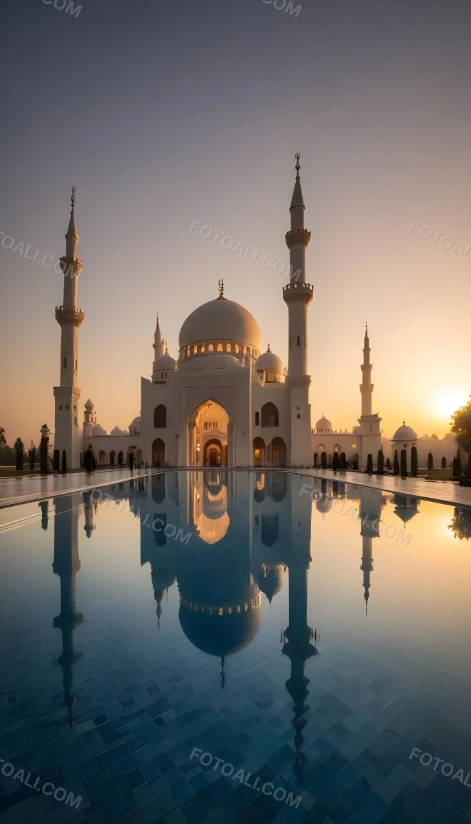 A Grand Mosque With Ornate Arched Architecture And Minarets Reflected In A Calm Pool Of Water At Sunset 1 F283