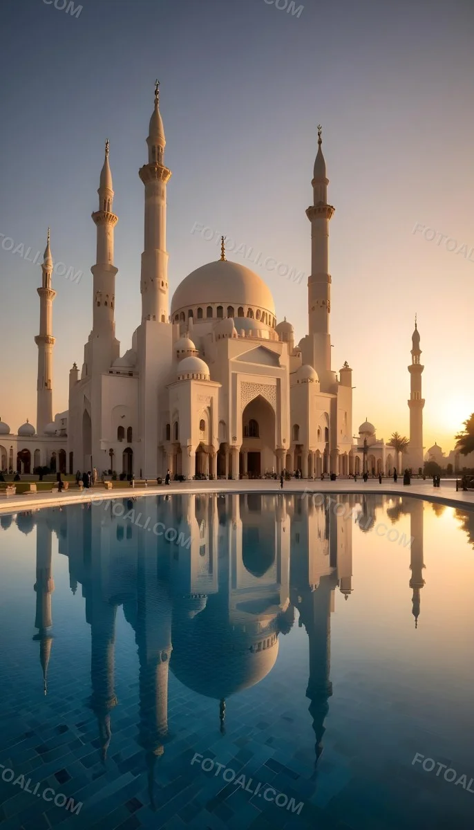 A Grand Mosque With Ornate Arched Architecture And Minarets Reflected In A Calm Pool Of Water At Sunset 12 3d1a