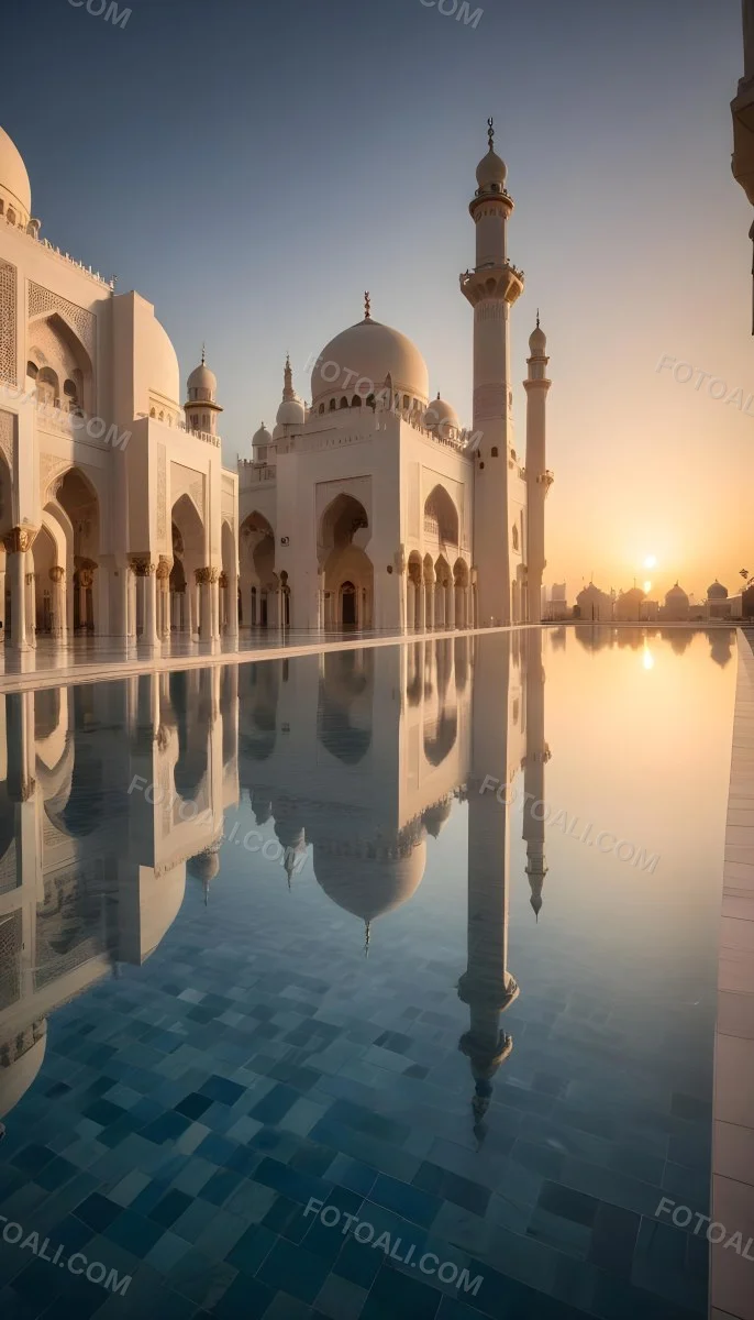 A Grand Mosque With Ornate Arched Architecture And Minarets Reflected In A Calm Pool Of Water At Sunset 13 58be