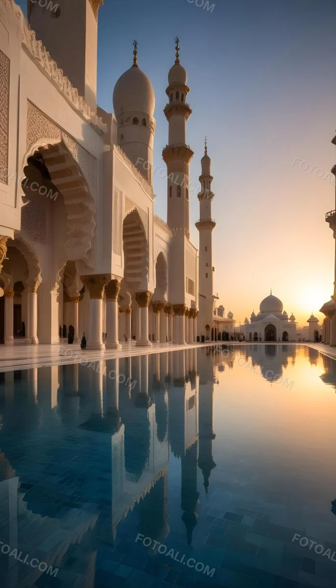 A Grand Mosque With Ornate Arched Architecture And Minarets Reflected In A Calm Pool Of Water At Sunset 2 7340