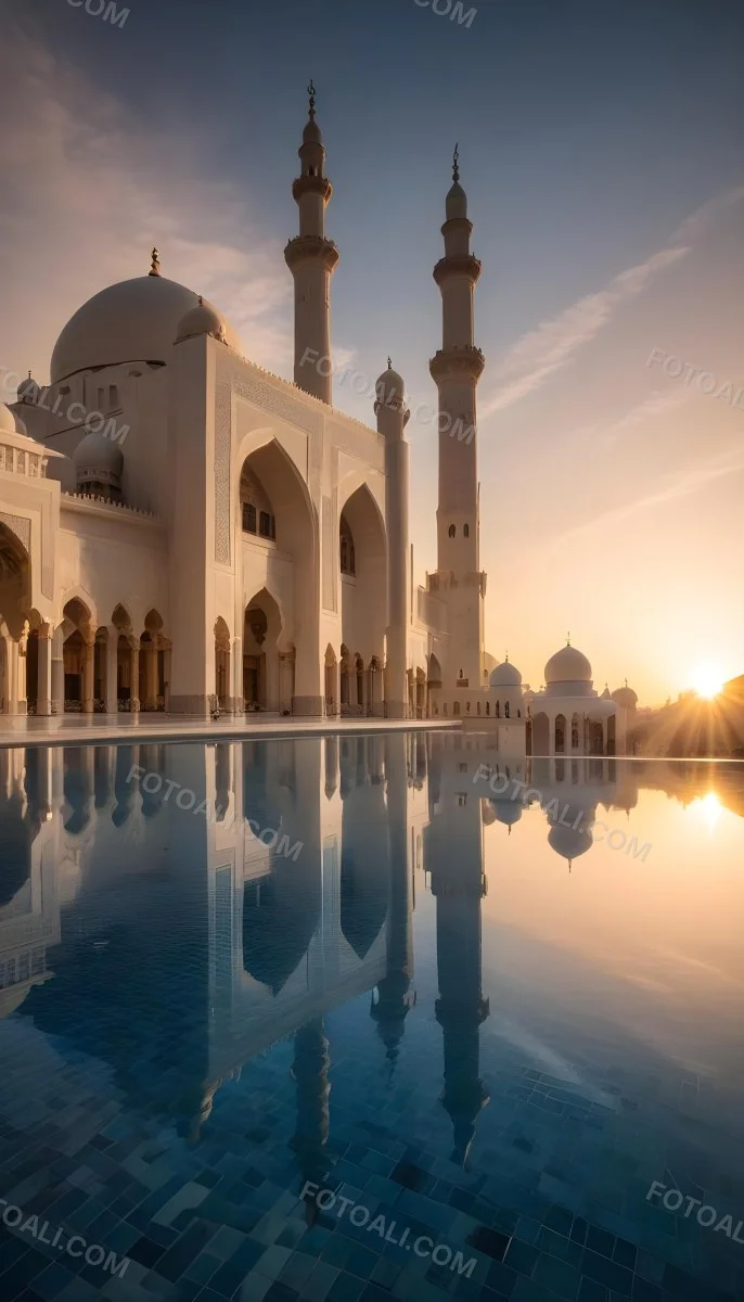 A Grand Mosque With Ornate Arched Architecture And Minarets Reflected In A Calm Pool Of Water At Sunset 3 755a