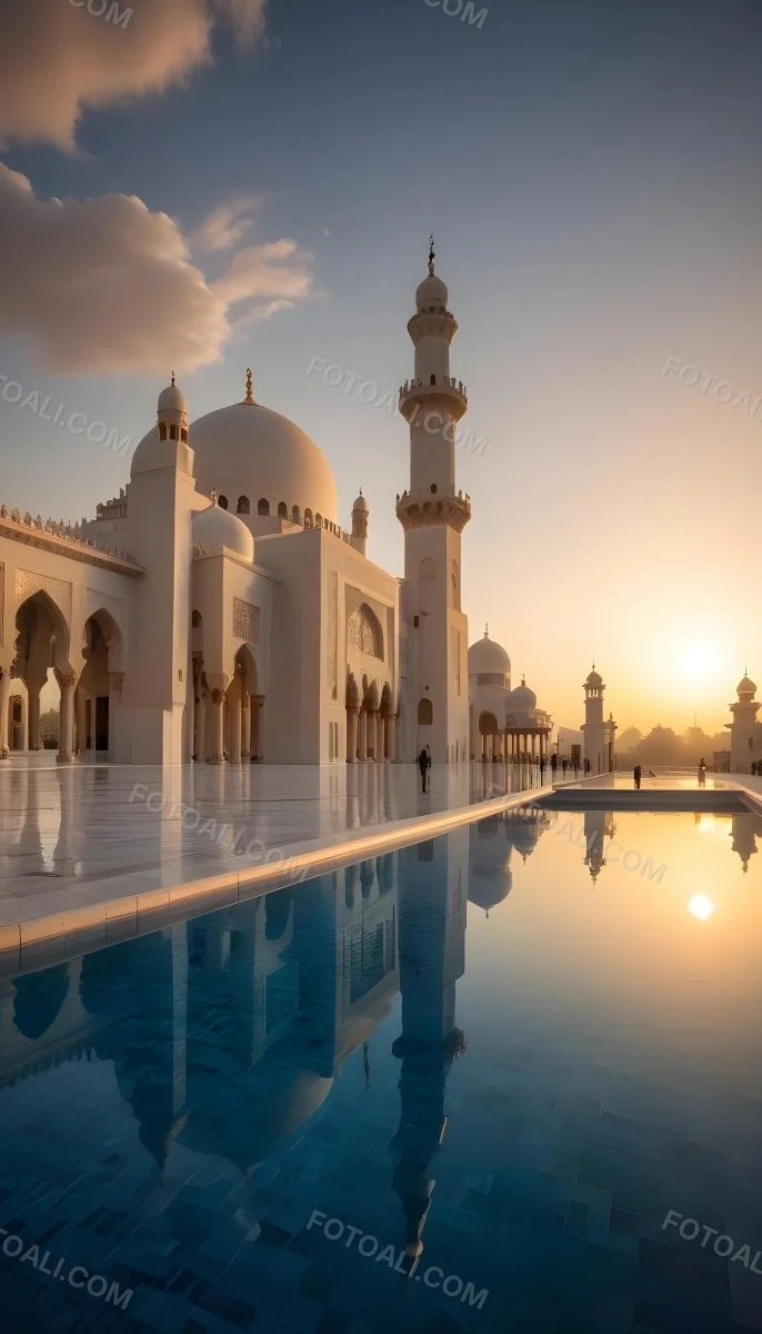 A Grand Mosque With Ornate Arched Architecture And Minarets Reflected In A Calm Pool Of Water At Sunset 4 D498