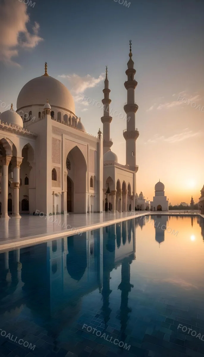 A Grand Mosque With Ornate Arched Architecture And Minarets Reflected In A Calm Pool Of Water At Sunset 5 0c35