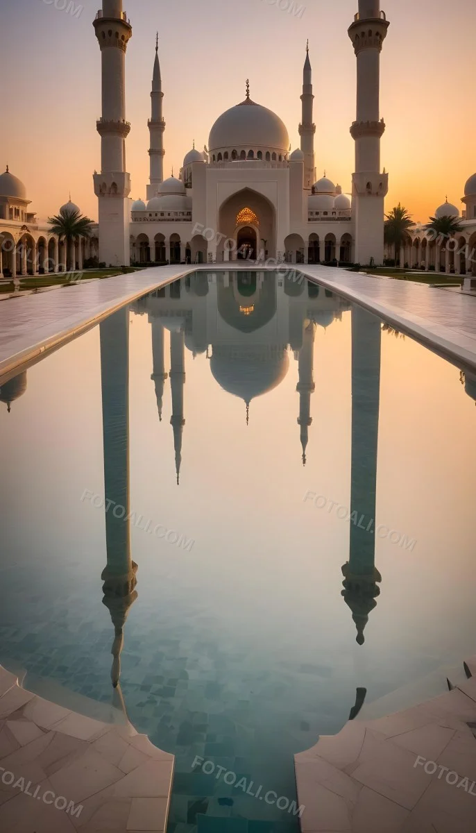 A Grand Mosque With Ornate Arched Architecture And Minarets Reflected In A Calm Pool Of Water At Sunset 6 D15a