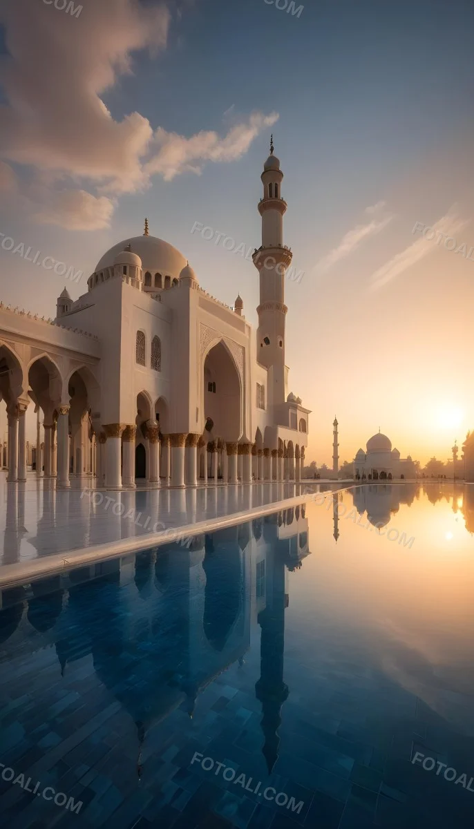 A Grand Mosque With Ornate Arched Architecture And Minarets Reflected In A Calm Pool Of Water At Sunset 7 D841