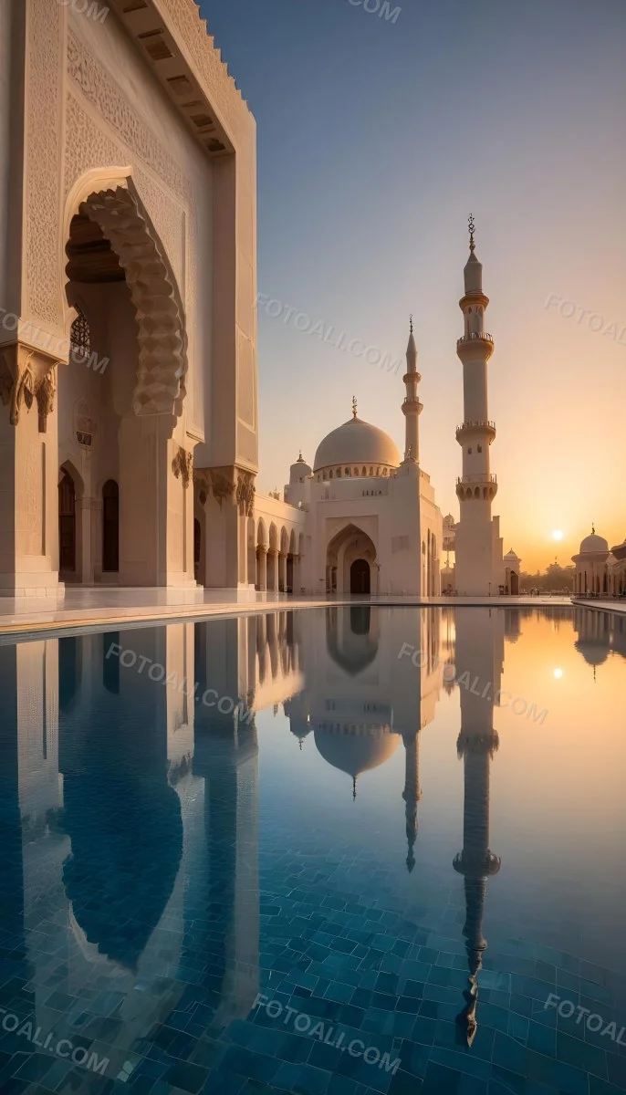 A Grand Mosque With Ornate Arched Architecture And Minarets Reflected In A Calm Pool Of Water At Sunset 8 D6ef
