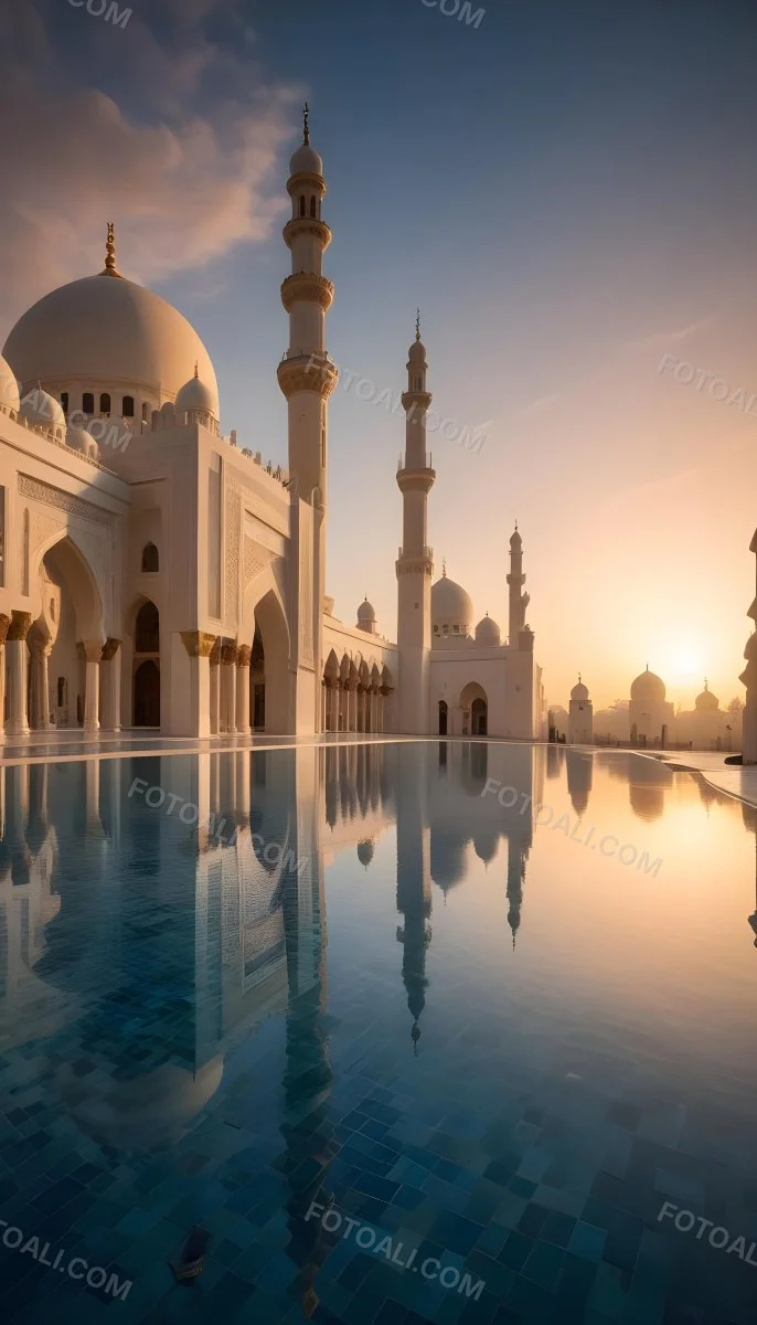 A Grand Mosque With Ornate Arched Architecture And Minarets Reflected In A Calm Pool Of Water At Sunset 9 D6be