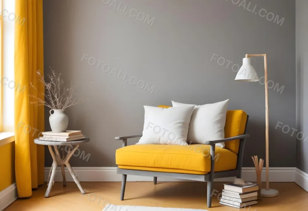 A Gray Armchair With A White Pillow Next To A Small Table With A Book And Some Sticks In A Yellow Room 13 C103