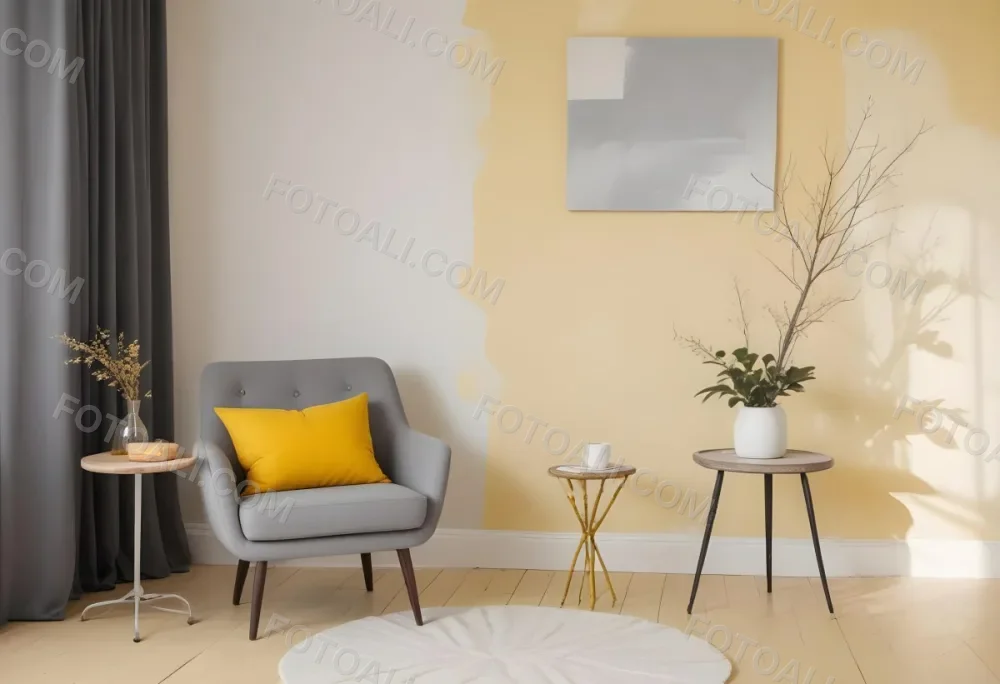 A Gray Armchair With A White Pillow Next To A Small Table With A Book And Some Sticks In A Yellow Room 27 2a66