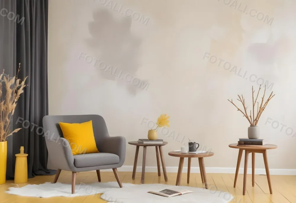 A Gray Armchair With A White Pillow Next To A Small Table With A Book And Some Sticks In A Yellow Room 32 6cfe