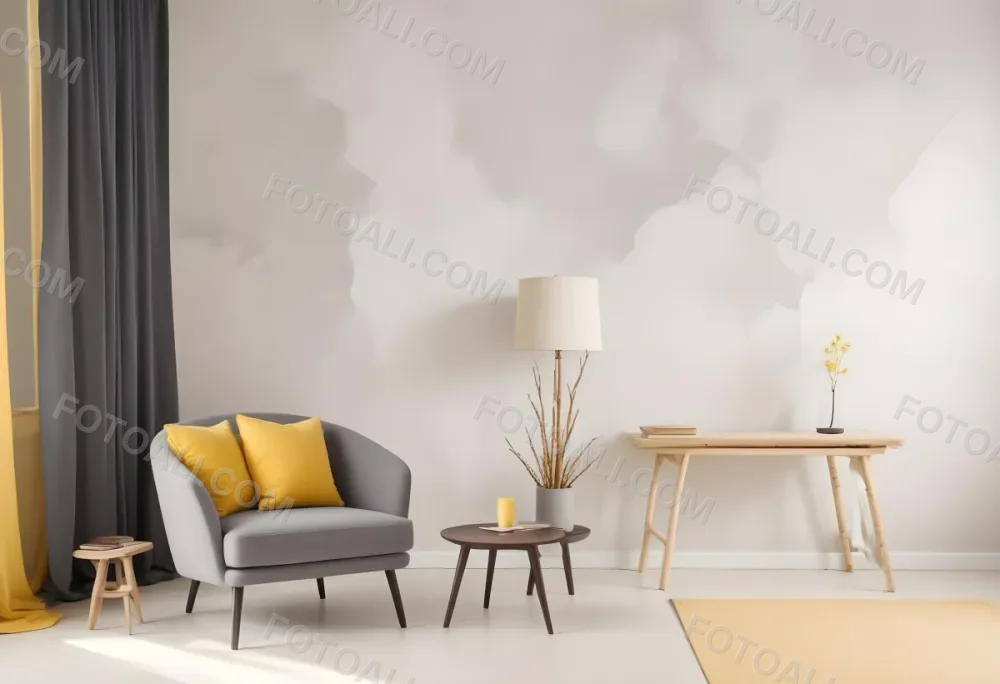 A Gray Armchair With A White Pillow Next To A Small Table With A Book And Some Sticks In A Yellow Room 34 3a3f