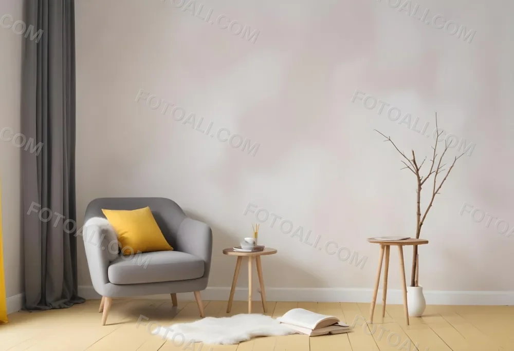 A Gray Armchair With A White Pillow Next To A Small Table With A Book And Some Sticks In A Yellow Room 5 9b66