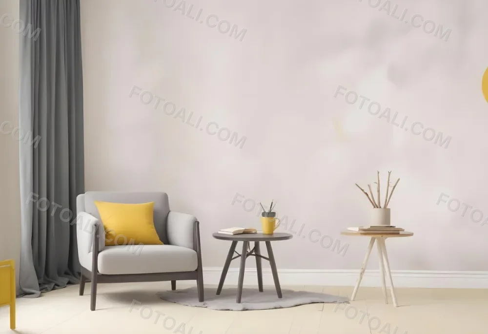 A Gray Armchair With A White Pillow Next To A Small Table With A Book And Some Sticks In A Yellow Room 9 0ddc