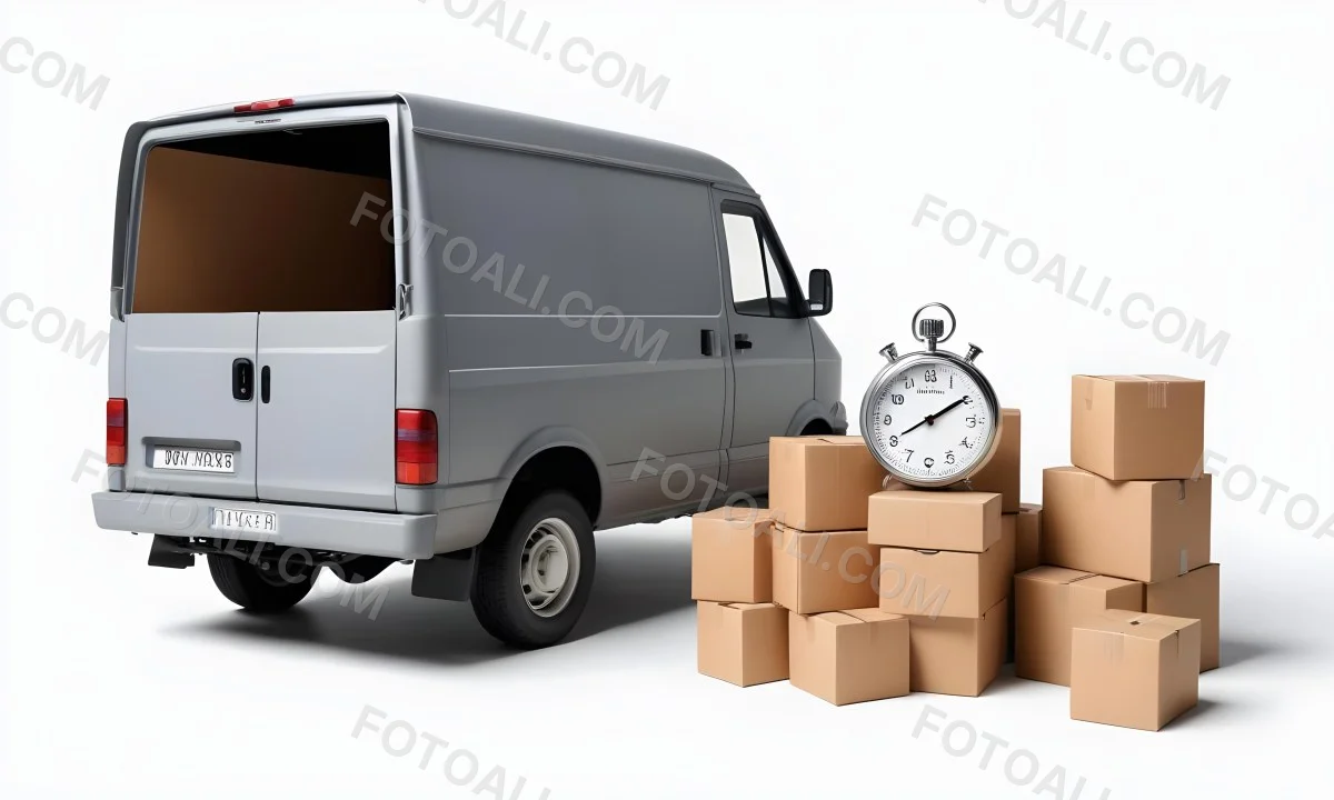 A Gray Delivery Van Parked Next To Several Cardboard Boxes And A Stopwatch Suggesting A Delivery Or Moving Service 1 382a