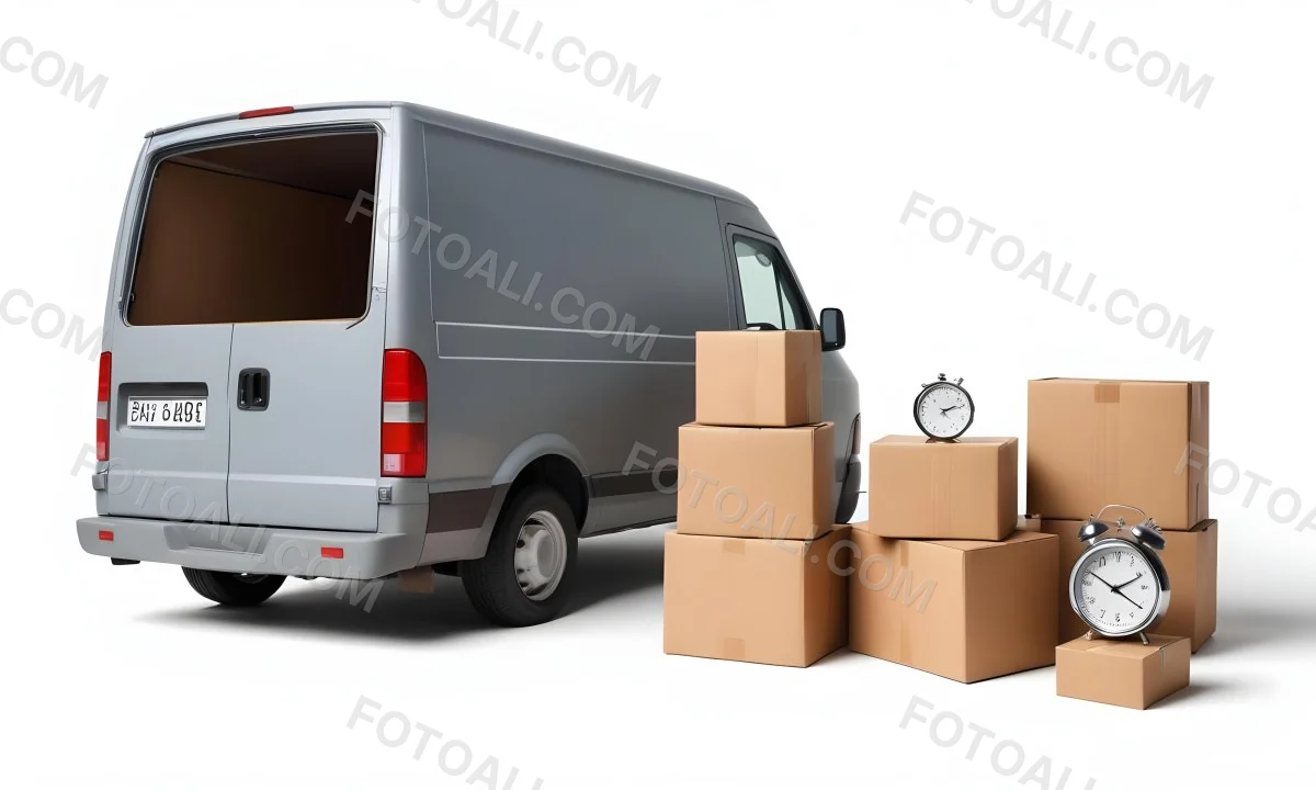 A Gray Delivery Van Parked Next To Several Cardboard Boxes And A Stopwatch Suggesting A Delivery Or Moving Service 10 0b11