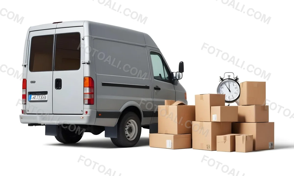 A Gray Delivery Van Parked Next To Several Cardboard Boxes And A Stopwatch Suggesting A Delivery Or Moving Service 14 7615