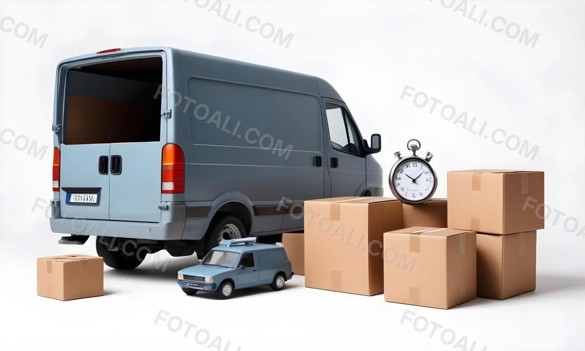 A Gray Delivery Van Parked Next To Several Cardboard Boxes And A Stopwatch Suggesting A Delivery Or Moving Service 15 5f89