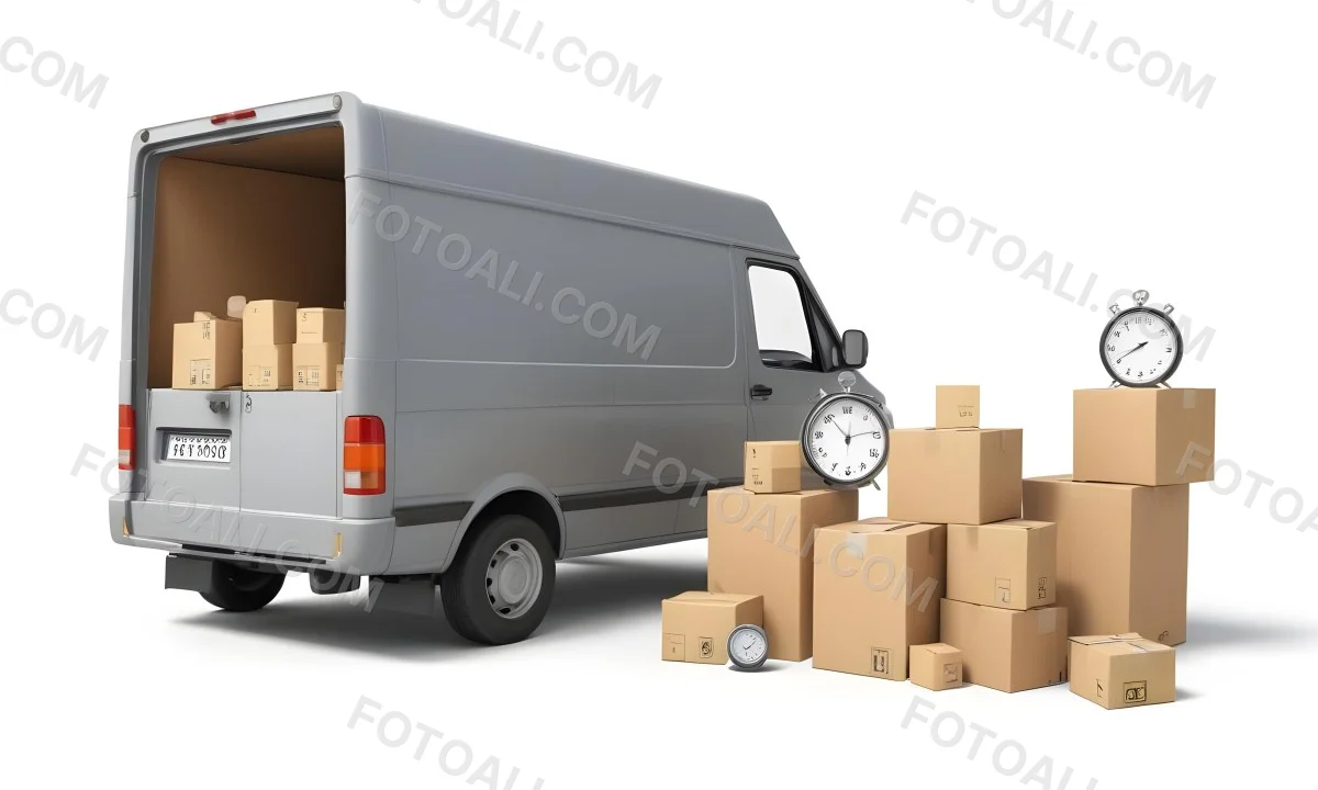 A Gray Delivery Van Parked Next To Several Cardboard Boxes And A Stopwatch Suggesting A Delivery Or Moving Service 18 Ca57