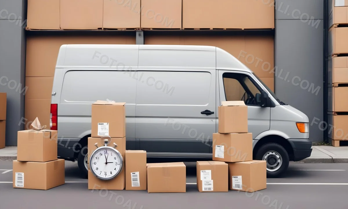 A Gray Delivery Van Parked Next To Several Cardboard Boxes And A Stopwatch Suggesting A Delivery Or Moving Service 19 9bf0