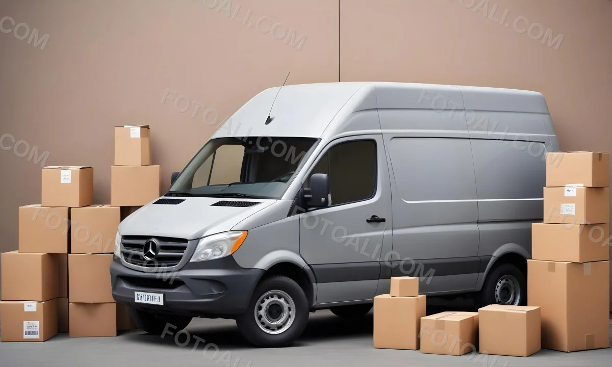 A Gray Delivery Van Parked Next To Several Cardboard Boxes And A Stopwatch Suggesting A Delivery Or Moving Service 20 2cf1