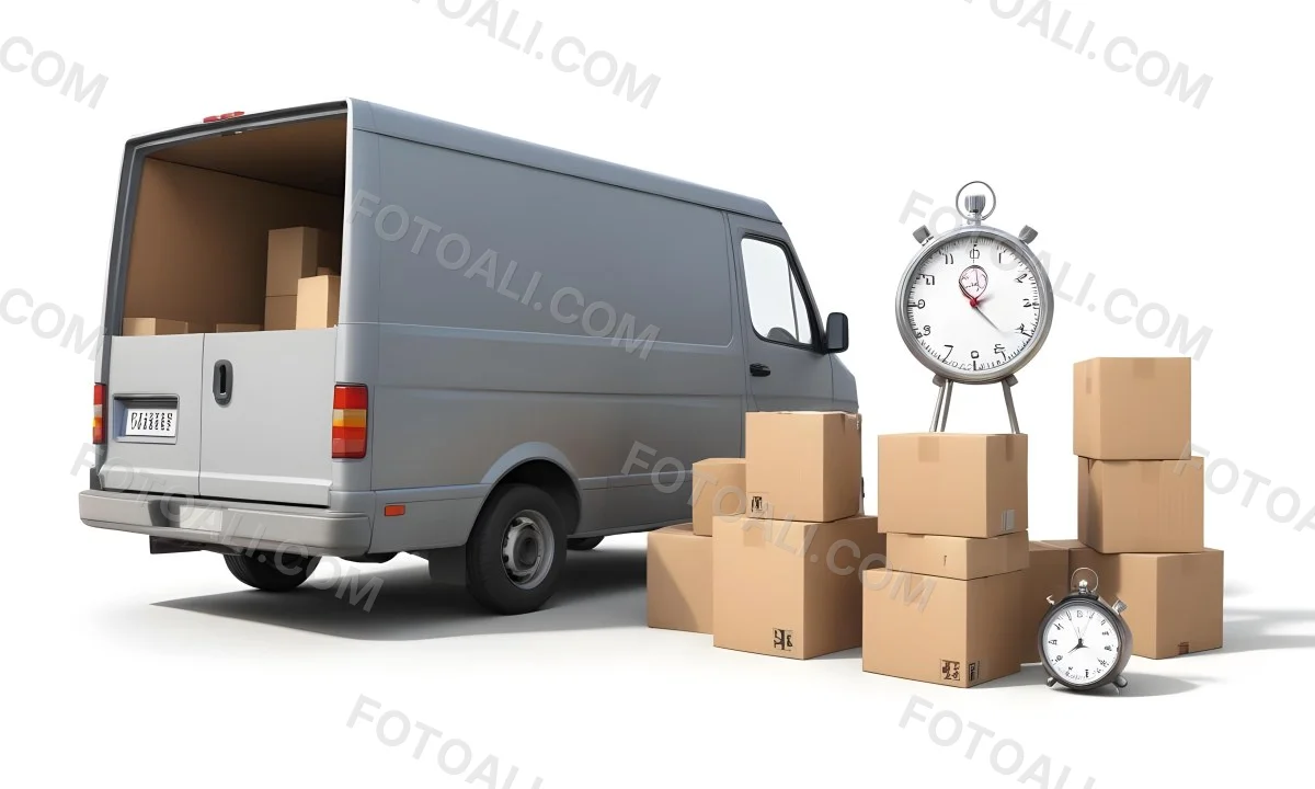 A Gray Delivery Van Parked Next To Several Cardboard Boxes And A Stopwatch Suggesting A Delivery Or Moving Service 22 Ea4d