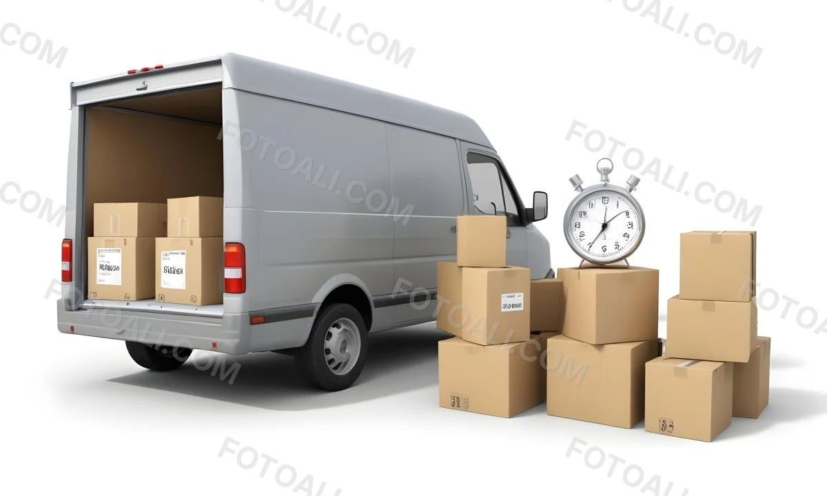 A Gray Delivery Van Parked Next To Several Cardboard Boxes And A Stopwatch Suggesting A Delivery Or Moving Service 23 9d01