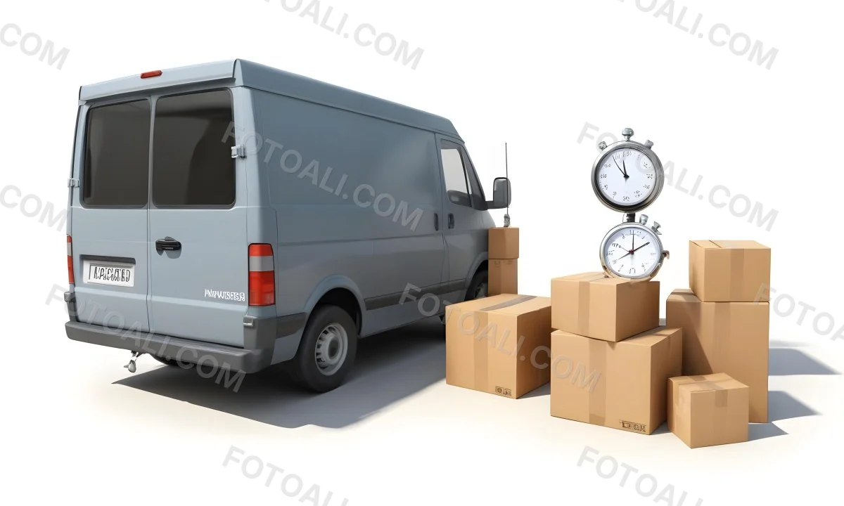 A Gray Delivery Van Parked Next To Several Cardboard Boxes And A Stopwatch Suggesting A Delivery Or Moving Service 25 Aa76