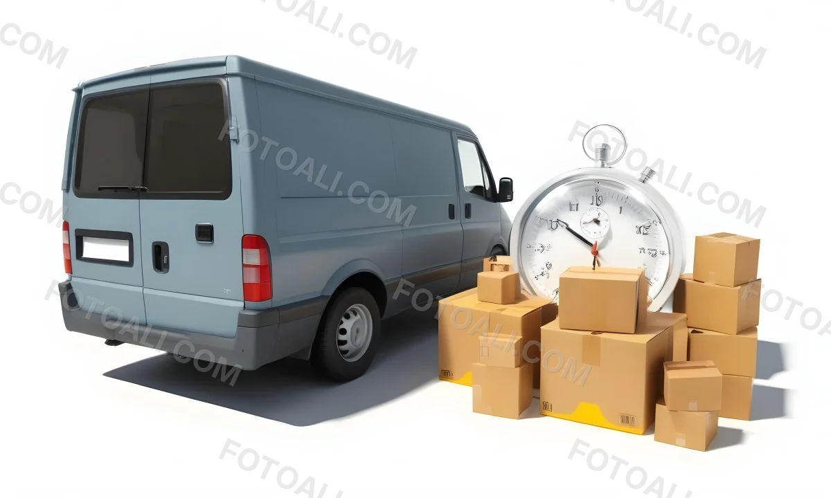 A Gray Delivery Van Parked Next To Several Cardboard Boxes And A Stopwatch Suggesting A Delivery Or Moving Service 4 3b04